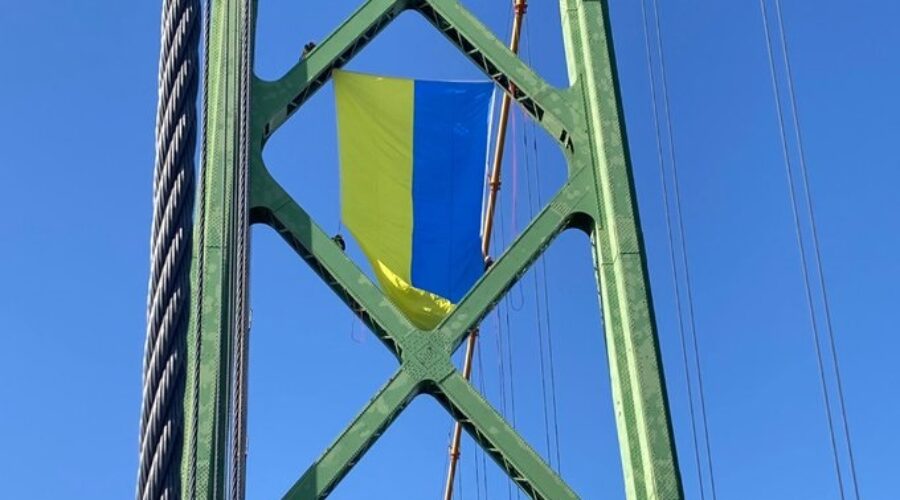 Macdonald Bridge flying flag in support of Ukraine