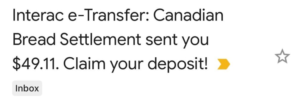 Subject Line text from Canadian Bread Settlement e-transfer